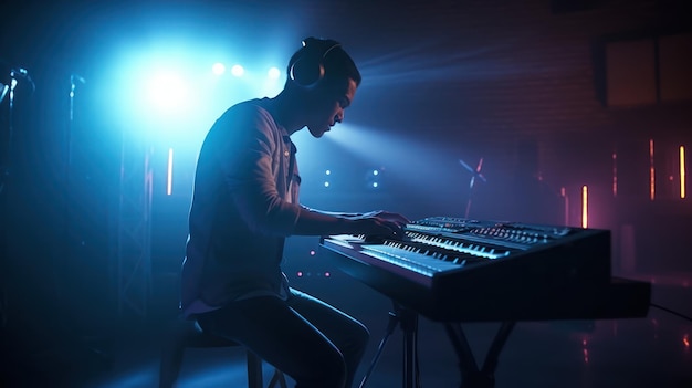 A man plays a keyboard in a dark room with a blue light behind him.