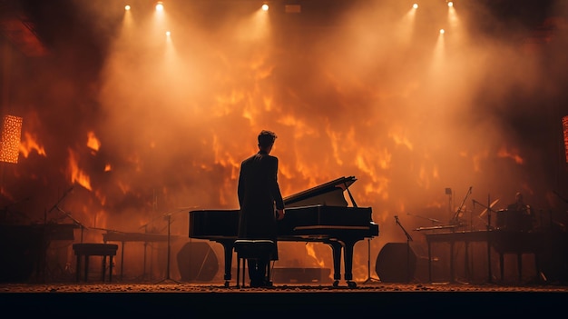 A man plays piano in front of a stage with flames in the background