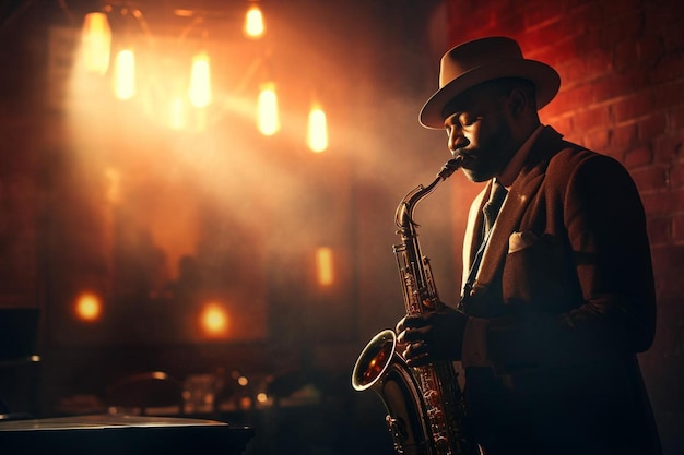 A man plays saxophone in a dark room with lights behind him.