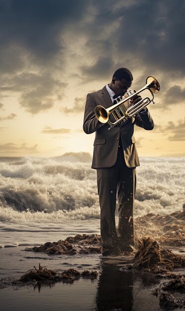 a man plays a trumpet on the beach with the words  on it