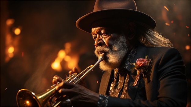 A man plays the trumpet by the fire