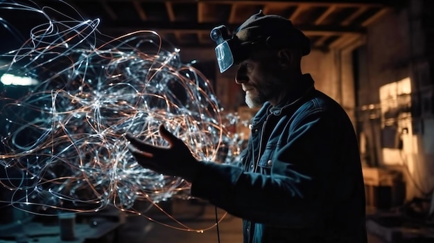 A man plays with light string