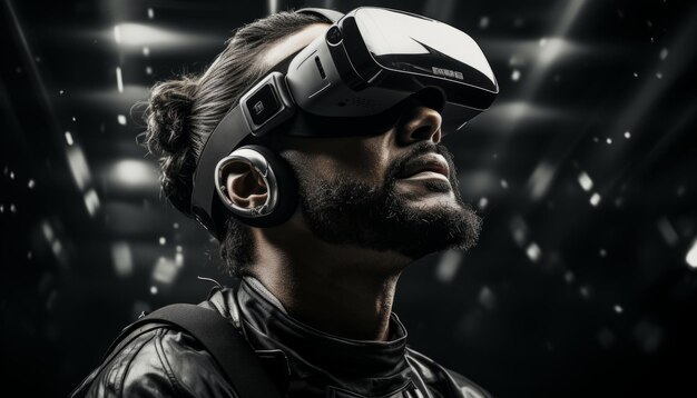 Мужчина играет с гарнитурой VR брутальным парнем в очках виртуальной реальности