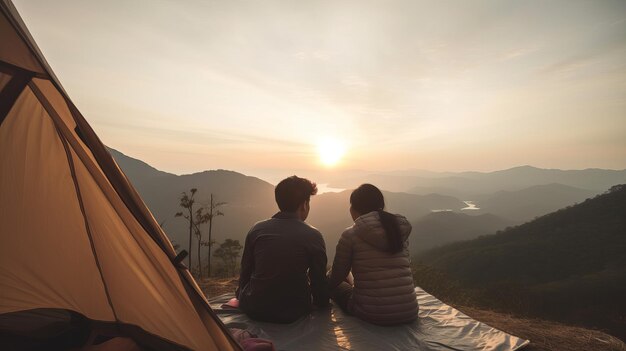 남자와 풍부한 여자 커플은 아침과 함께 캠핑 지점에서 텐트에서 감사하며 빛으로 시작하는 크리에이티브 리소스 AI 생성을 봅니다.