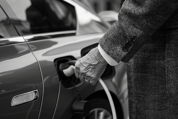 Man plugging in electric car