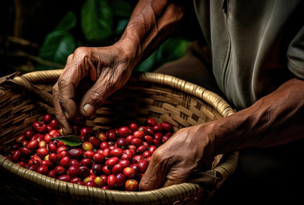 man plukt koffiebessen op de boerderij met de mand in de stijl van op de natuur geïnspireerde motieven