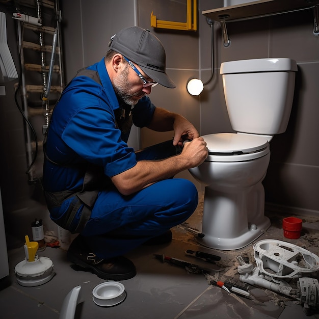 Man Plumber in Uniform Installing Toilet Bowl Using Tools