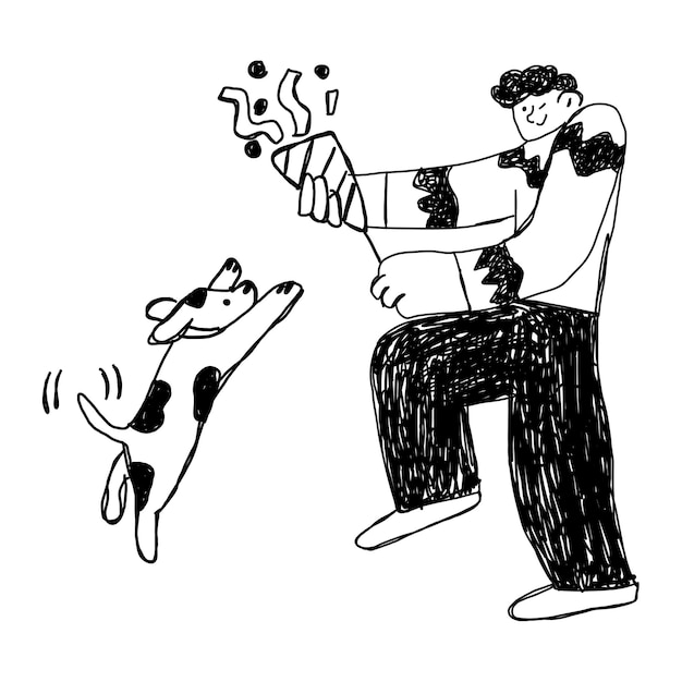 透明な背景で犬のステッカーを描いたパーティーをしている男性