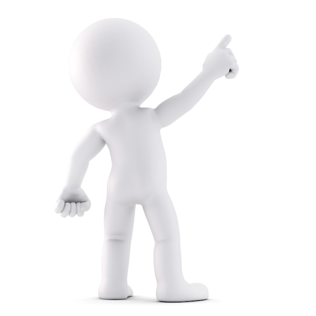 Man pointing at invisible object. Rear view. 3D illustration. Isolated. Contains clipping path