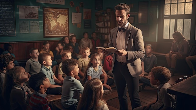 Foto un uomo che indica la mappa con un gruppo di bambini che osservano la giornata degli insegnanti