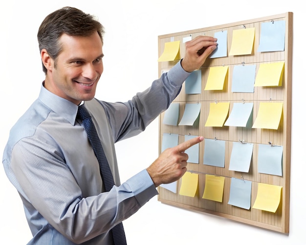 Photo a man pointing to a memo about desk organization