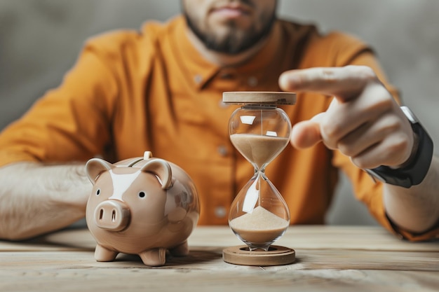 Man pointing at piggy bank sandglass marking time