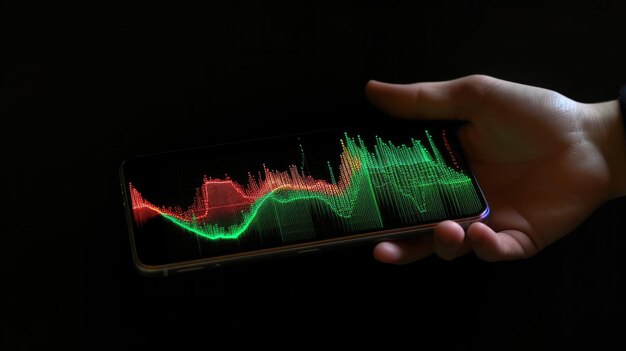 A man pointing at stock charts and graphs while holding a mobile phone Generative AI