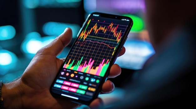 A man pointing at stock charts and graphs while holding a mobile phone Generative AI