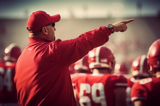 a man points to his team with a finger pointing to his right.