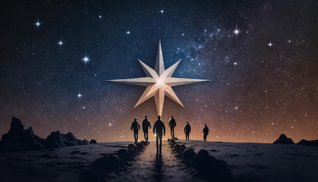 Мужчина указывает на звезду и ведет своих друзей следовать за ним на пути к успеху.