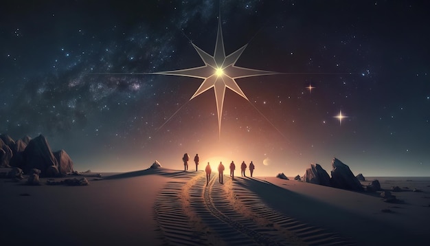 Photo man points to the star and leads his friends to follow him on his way forward success journey leadership generative ai