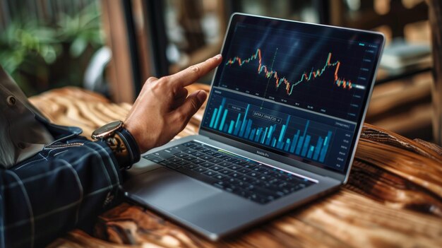 The man points to the stock chart on the laptop