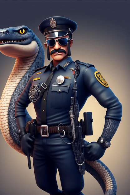 Foto uomo in uniforme della polizia che tiene in mano un serpente ai generativo