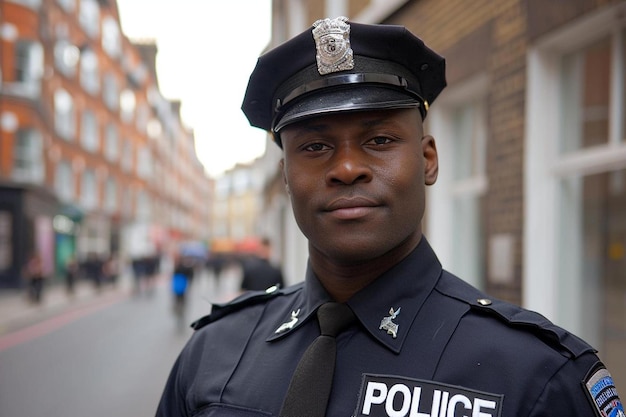 a man in a police uniform standing on a street