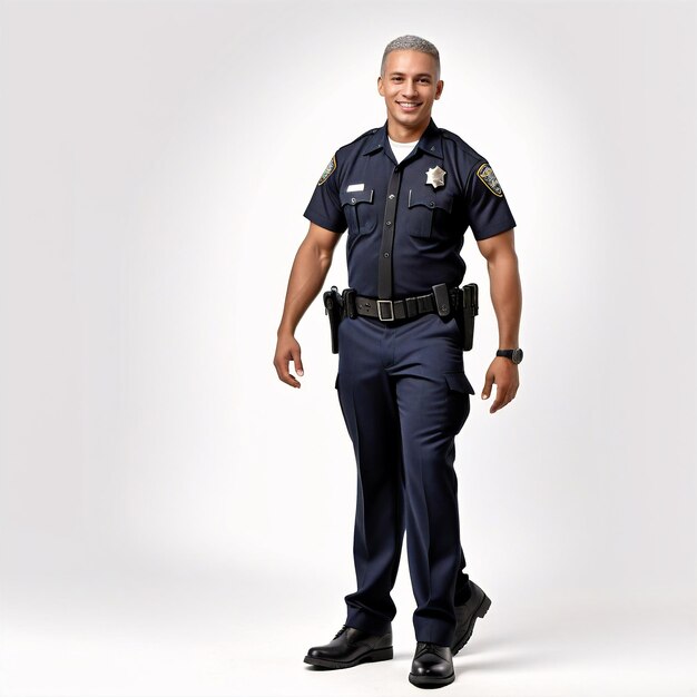 a man in a police uniform standing on a white background