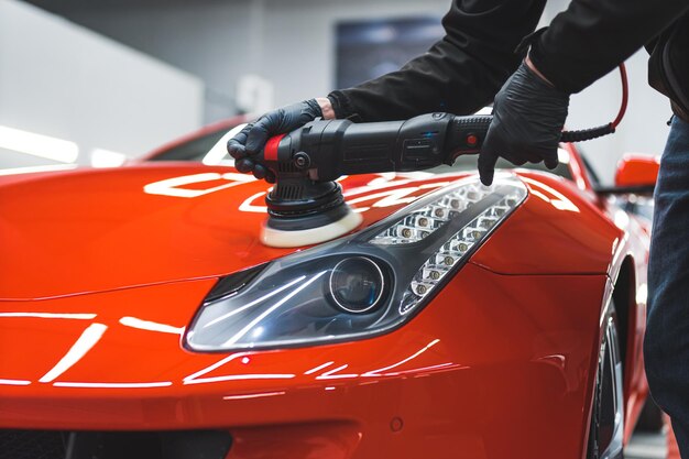 A man polishing an orange car headlight indoors