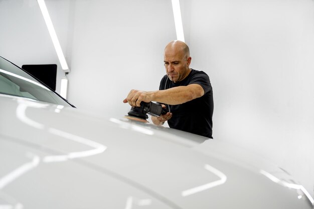 Man polishing a white car, wearing a black t-shirt