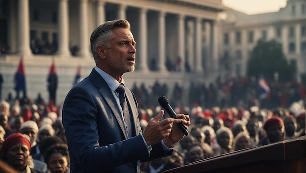 Foto uomo politico che pronuncia un discorso all'aperto davanti a una folla di membri di un partito politico