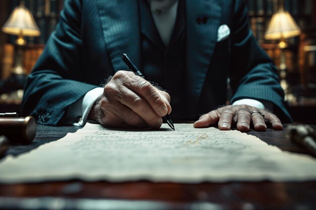 Политик в костюме и галстуке подписывает договор о контракте с ручкой в руке за столом