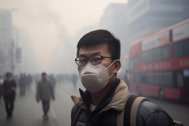 A man in a polluted city Smog in the city AI Generated