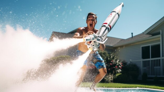 Photo man in pool using water cannon