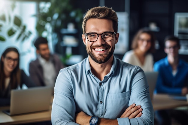 Man portrait business businessman office professional standing smile indoors confidence executive Generative AI