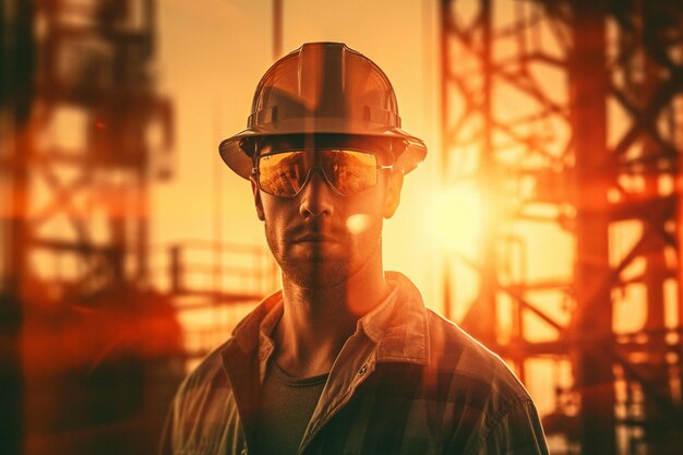 Man portrait and double exposure on oil rig at sunset for import export and ai generated mining