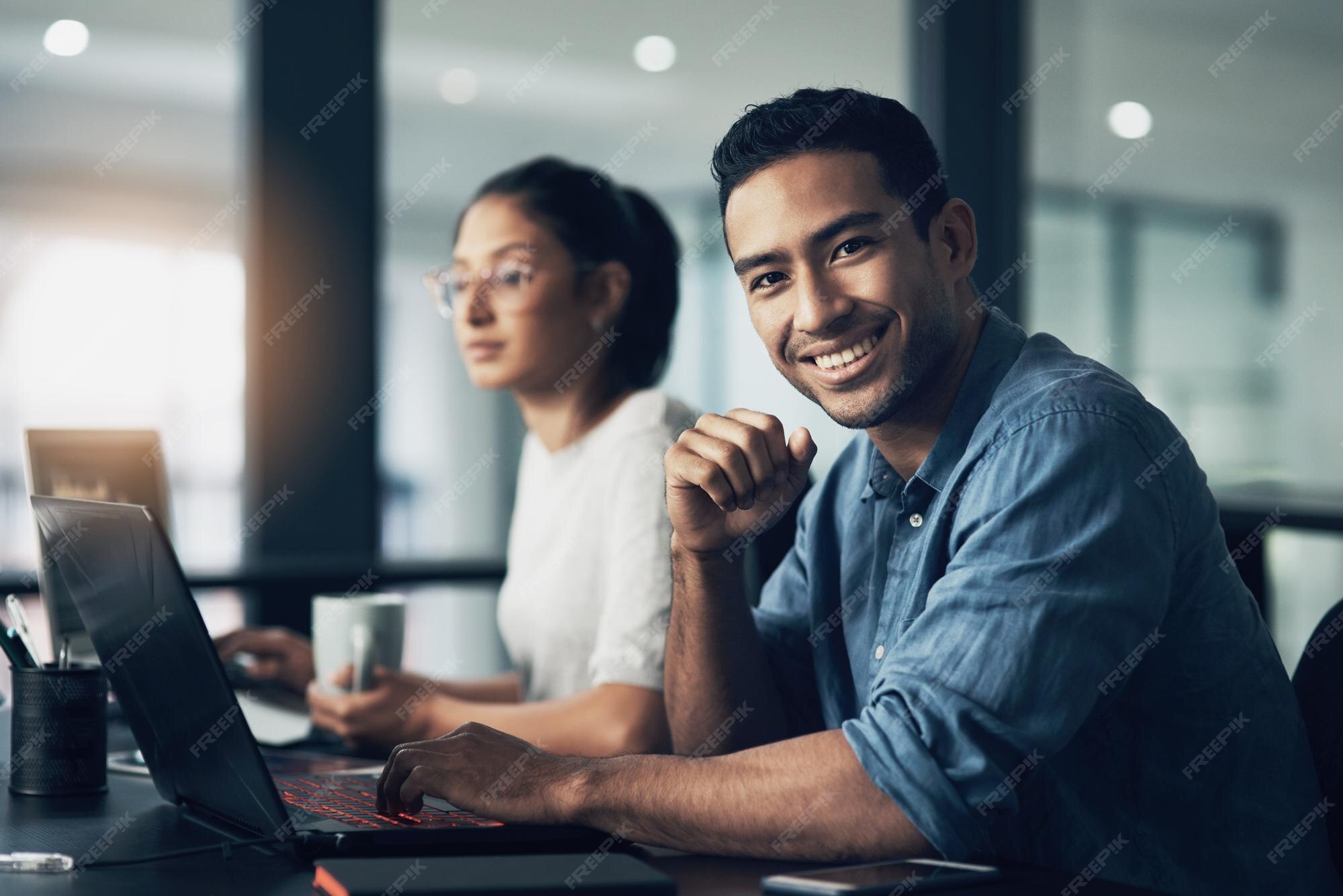 Premium Photo | Man portrait and happy programmer on laptop in office ...