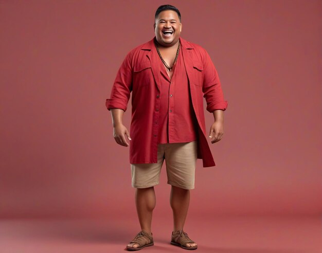 man portrait manly face headshot a man in a red shirt and tan shorts stands in front of a red bac