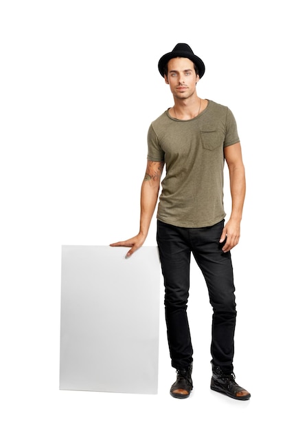 Photo man portrait and poster mockup in studio for advertising space information note or marketing male person billboard placard or white background or signage for recommendation promo or presentation