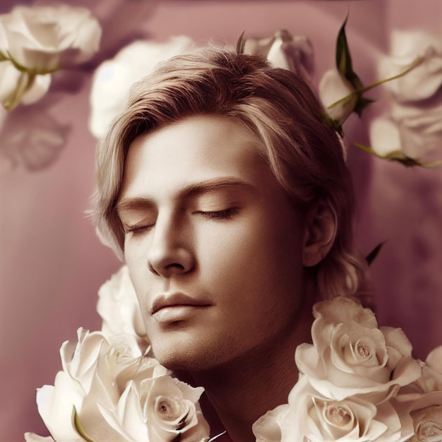 Man portrait with closed eyes and flowers in background 3d rendering