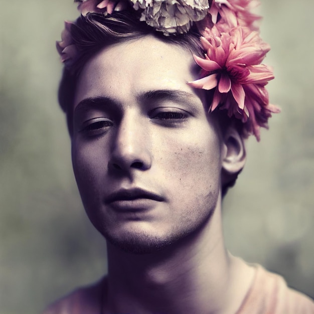 Man portrait with closed eyes and flowers in background 3d rendering