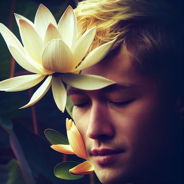 Man portrait with closed eyes and flowers in head 3d rendering