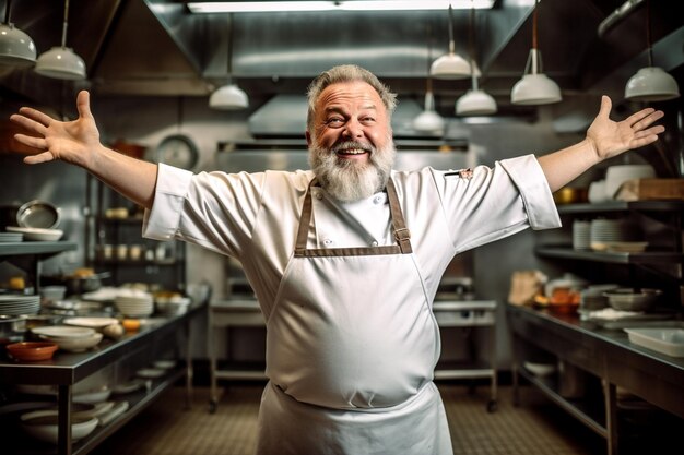 Foto man portret service restaurant blanke keuken toonbank eten schort chef-kok staande generatieve ai