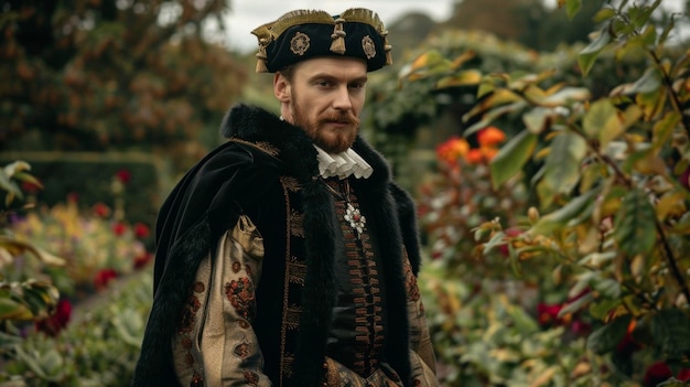 Photo a man poses in a lush garden wearing a doublet with slashed sleeves and a velvet cap trimmed with