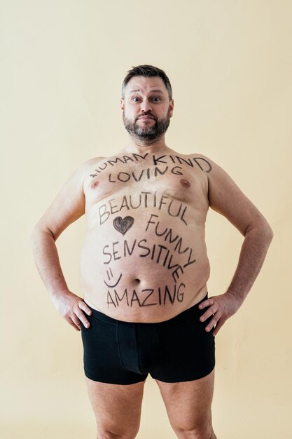 Man posing for a male edition body positive beauty set. Shirtless guy wearing boxers underwear in studio