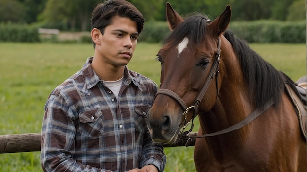 写真 茶色の馬とポーズをとる男性