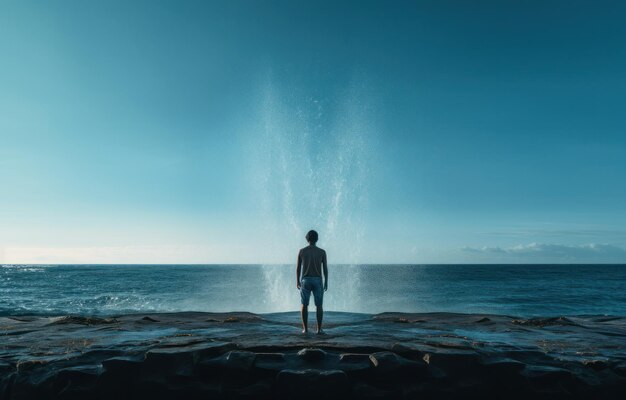 A man posing with water falling over him beside a beach