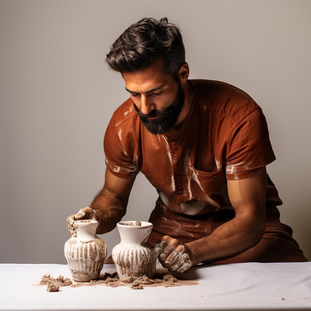 Photo man pouring coffee into cup isolated white background clay cezve for making coffee in the hand