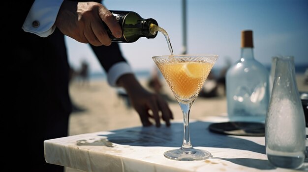 a man pouring a drink into a martini glass