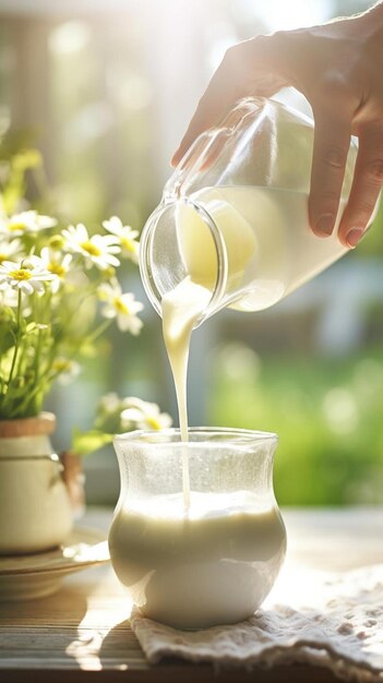 Photo man pouring fresh milk into glass jar on sunny day