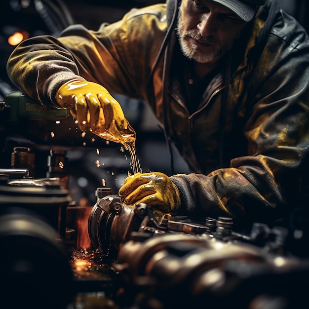 Man Pouring Oil into Car Engine