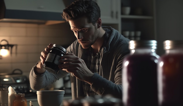 A man pours a jar of coffee in a kitchen.