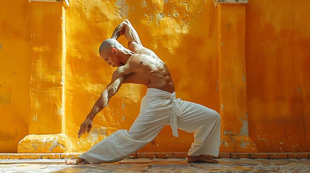 Photo man practicing capoeira blending martial arts and dance with fluid acrobatic movements